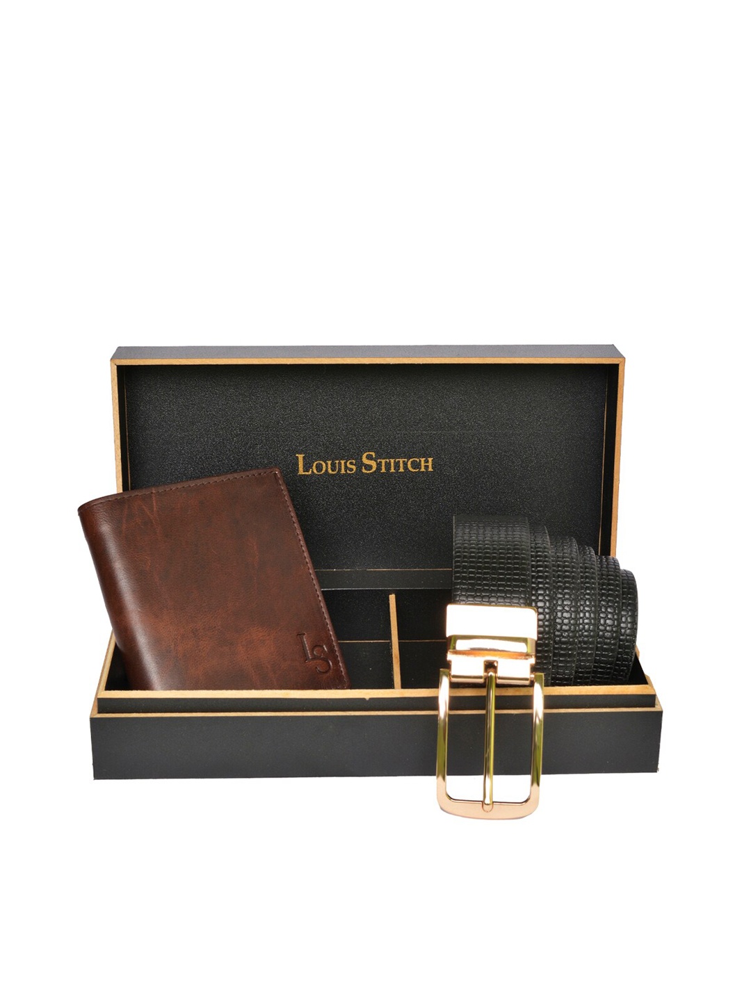 

LOUIS STITCH Men Black & Brown Genuine Leather Accessory Gift Set