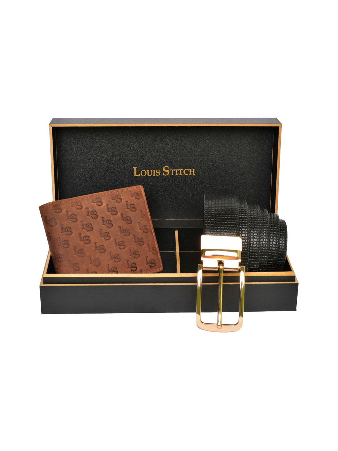 

LOUIS STITCH Men Black & Brown Textured Genuine Leather Accessory Gift Set