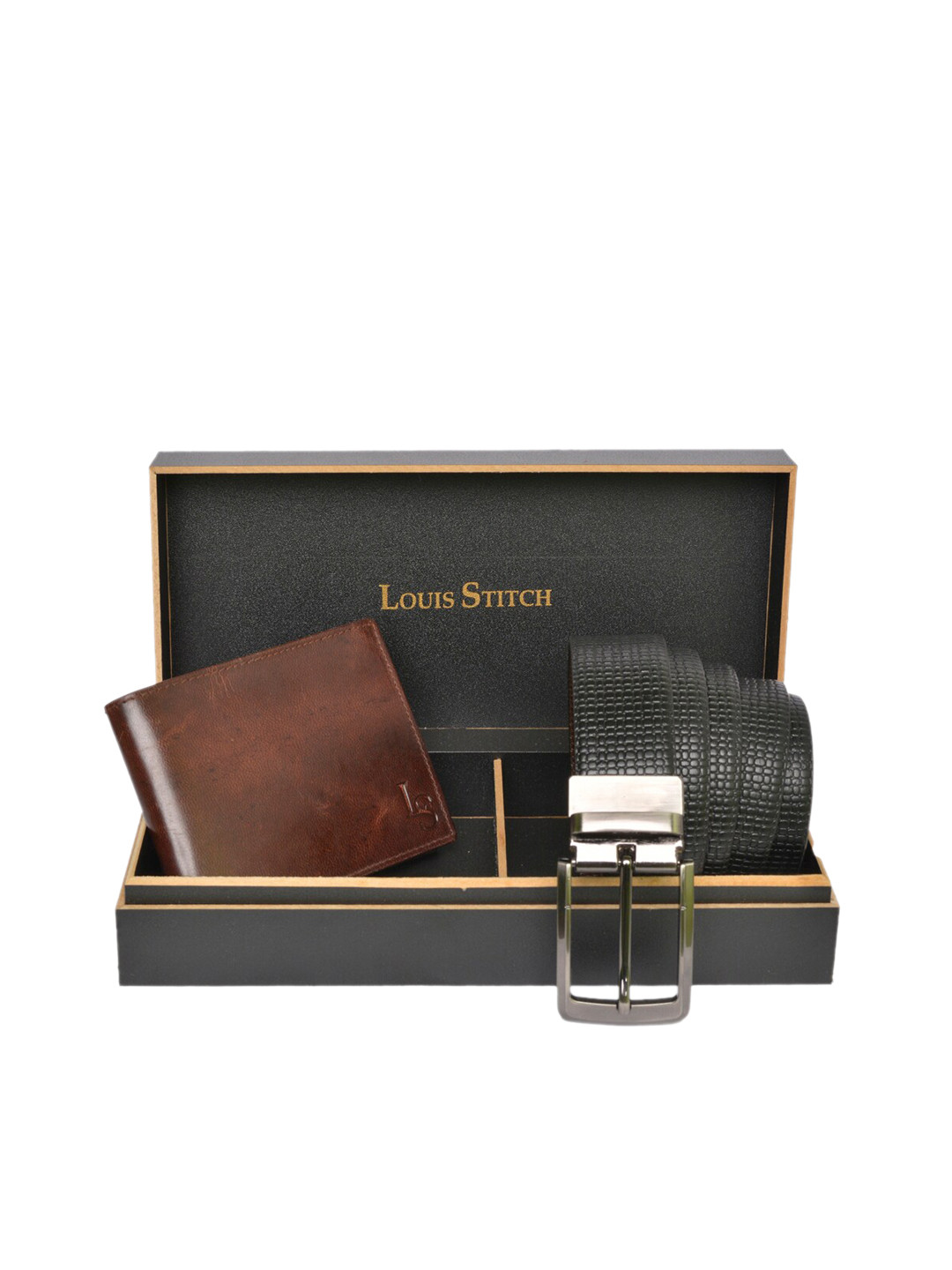

LOUIS STITCH Men Brown & Black Genuine Leather Accessory Gift Set