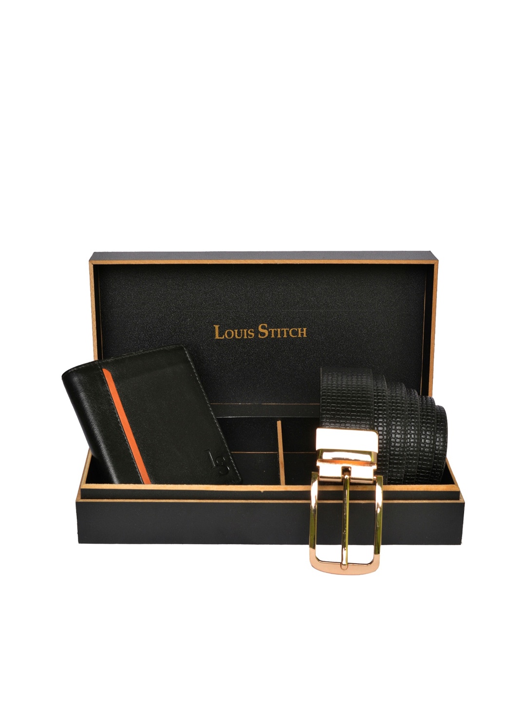 

LOUIS STITCH Men Black & Orange Genuine Leather Accessory Gift Set