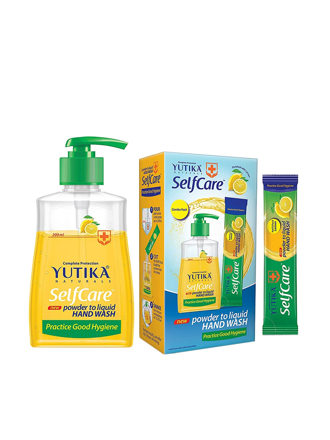 

YUTIKA Selfcare Powder to Liquid Hand Wash Lemon Combo Pack + 10 Refill Pack of 9gm Each, Yellow