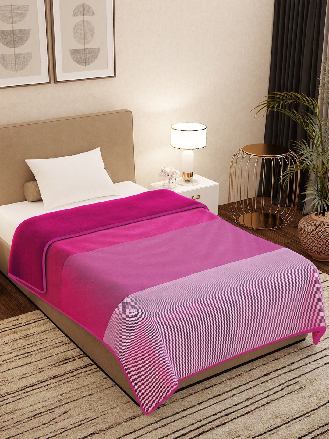 

Story@home Pink & Magenta Striped AC Room 400 GSM Single Bed Blanket