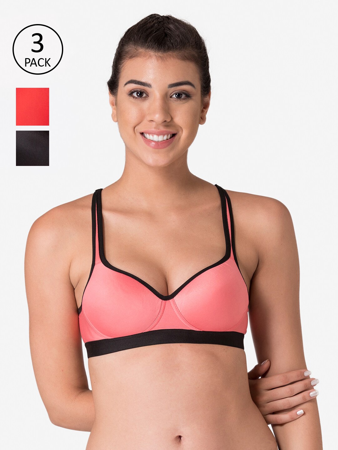 

KOMLI Women Pack Of 3 Medium Padded Workout Sports Bra, Coral