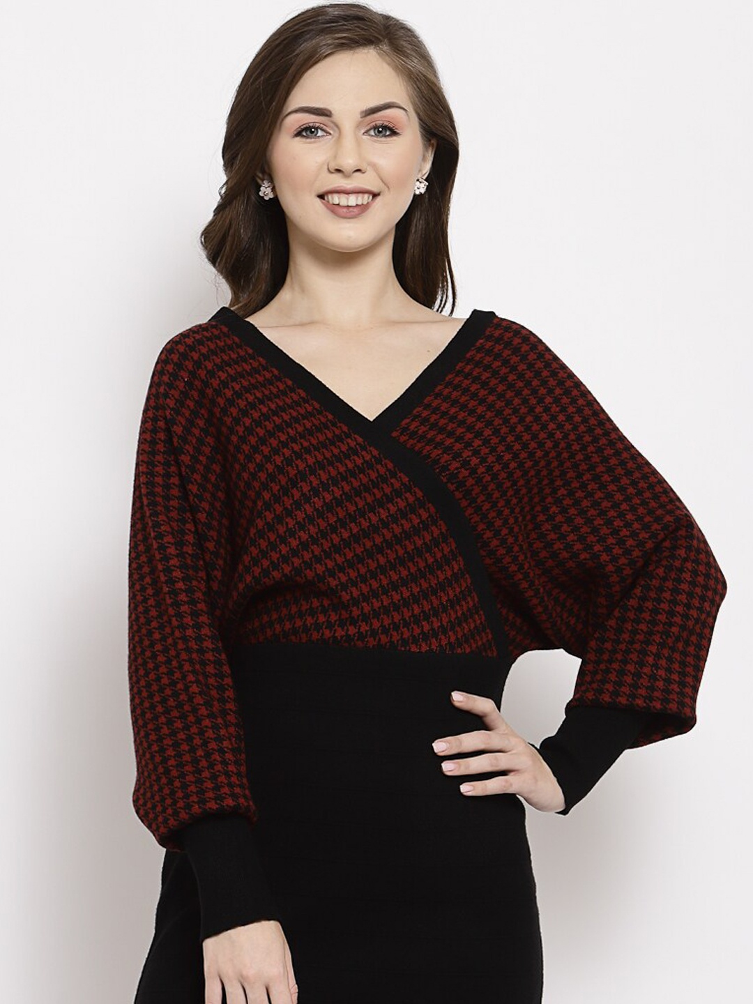 

Mafadeny Women Maroon and Black Checked Wrap Sheath Dress