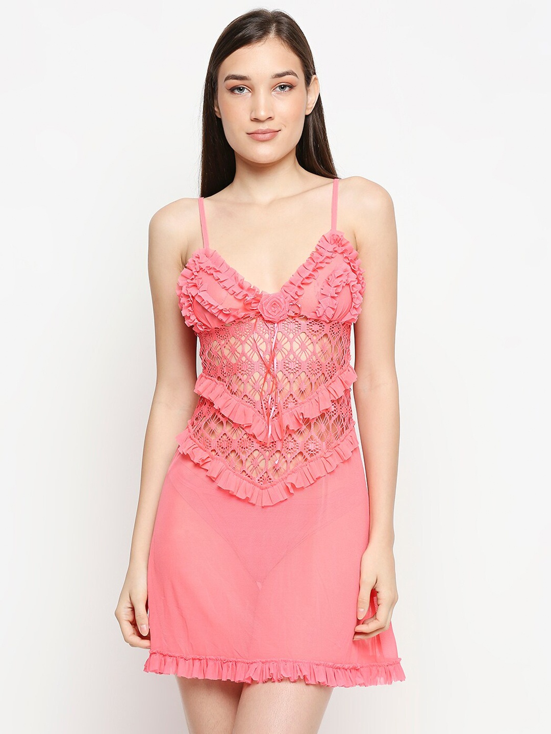 

Lady Love Women Peach Embroidered Babydoll