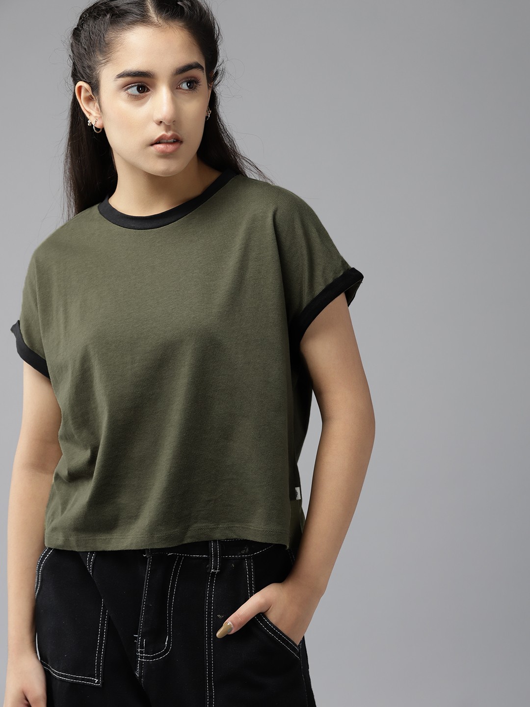 

UTH by Roadster Girls Olive Green Extended Sleeves Pure Cotton Crop T-shirt