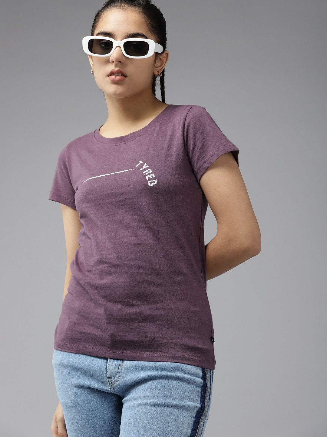 

UTH by Roadster Girls Purple & White Typography Printed Pure Cotton T-shirt