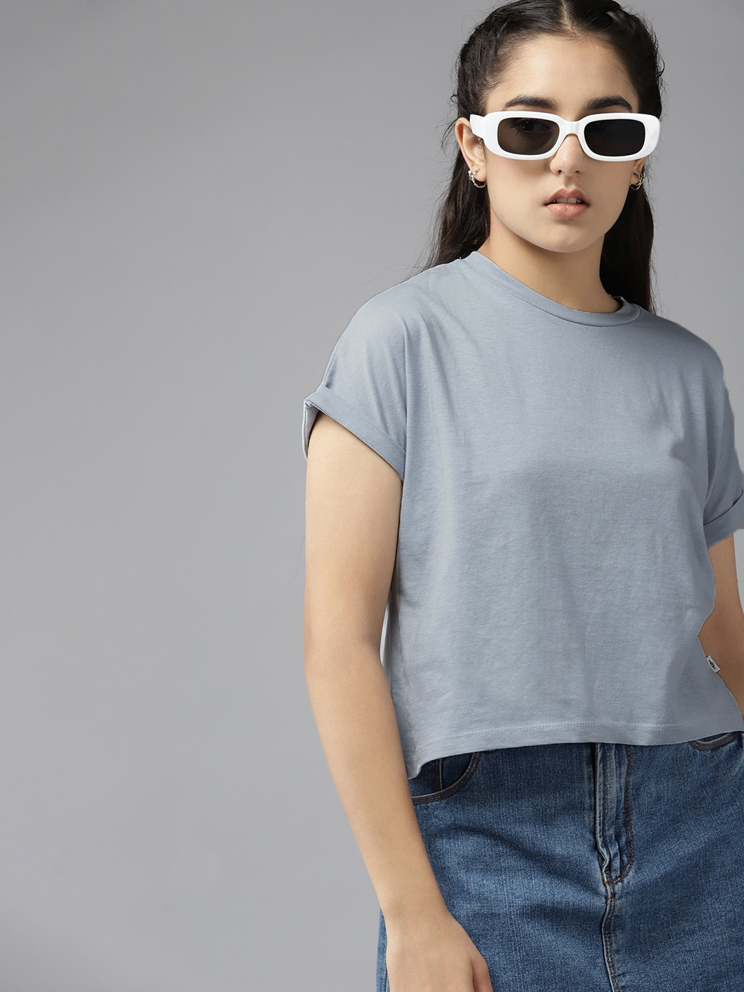 

UTH by Roadster Girls Blue Solid Extended Sleeves Pure Cotton T-shirt