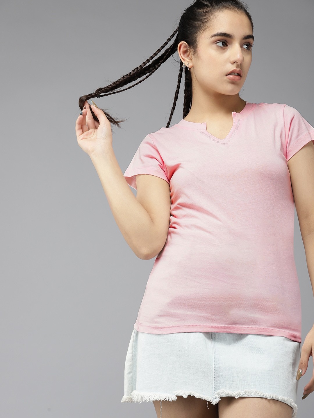 

UTH by Roadster Girls Peach-Coloured Solid Pure Cotton T-shirt