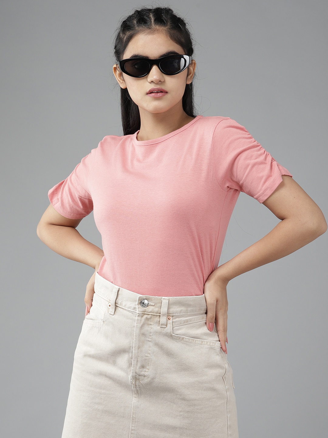 

UTH by Roadster Girls Peach-Coloured Solid Cotton Top