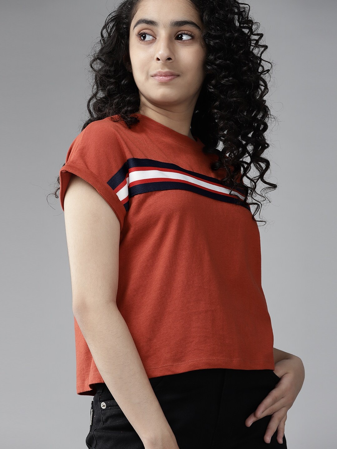 

UTH by Roadster Girls Rust Orange & Navy Blue Striped Extended Sleeves Pure Cotton T-shirt