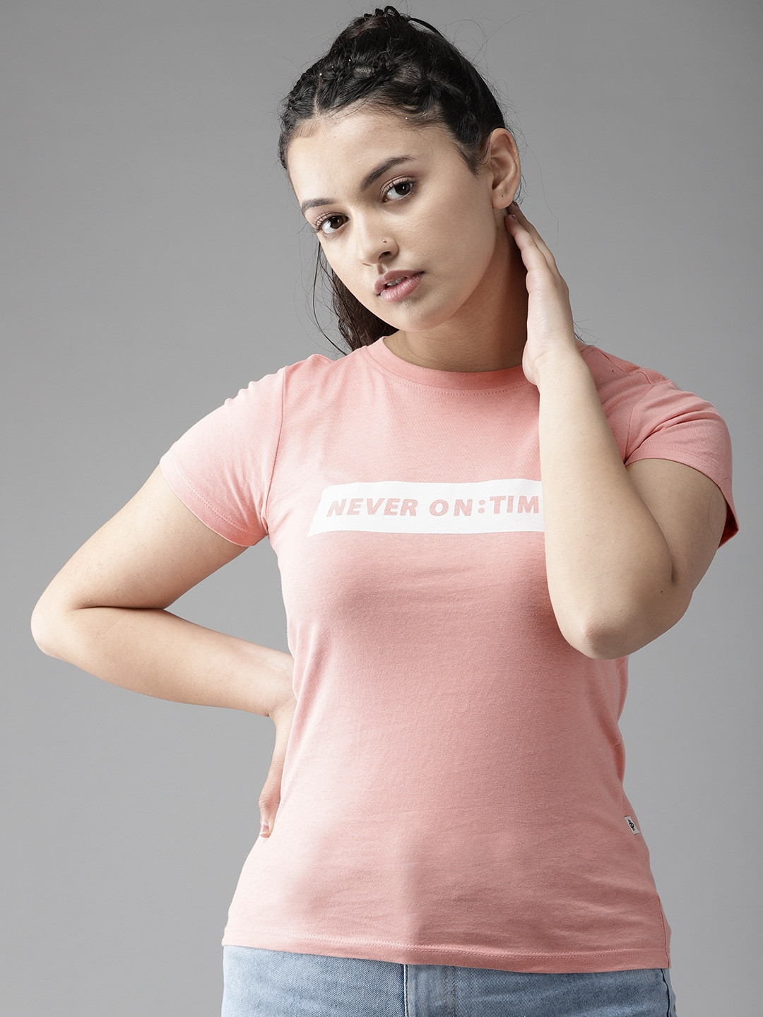 

UTH by Roadster Girls Pink & White Pure Cotton Typography Print T-shirt