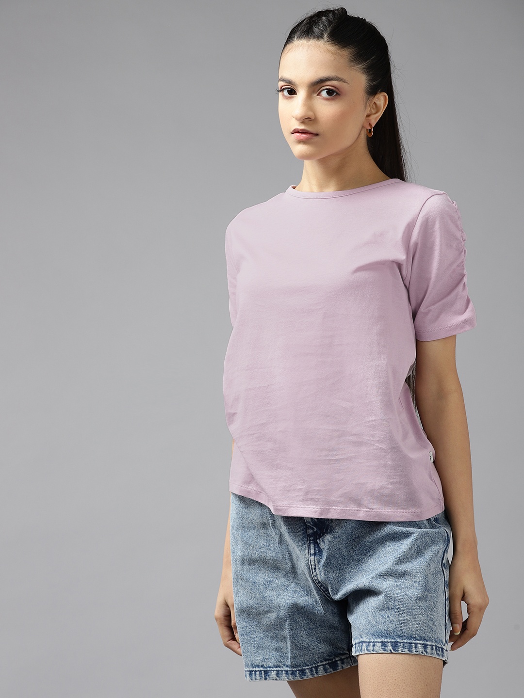 

UTH by Roadster Girls Lavender Solid Pure Cotton Top
