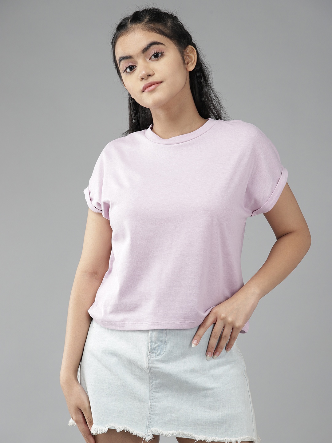 

UTH by Roadster Girls Lavender Solid Extended Sleeves Pure Cotton T-shirt