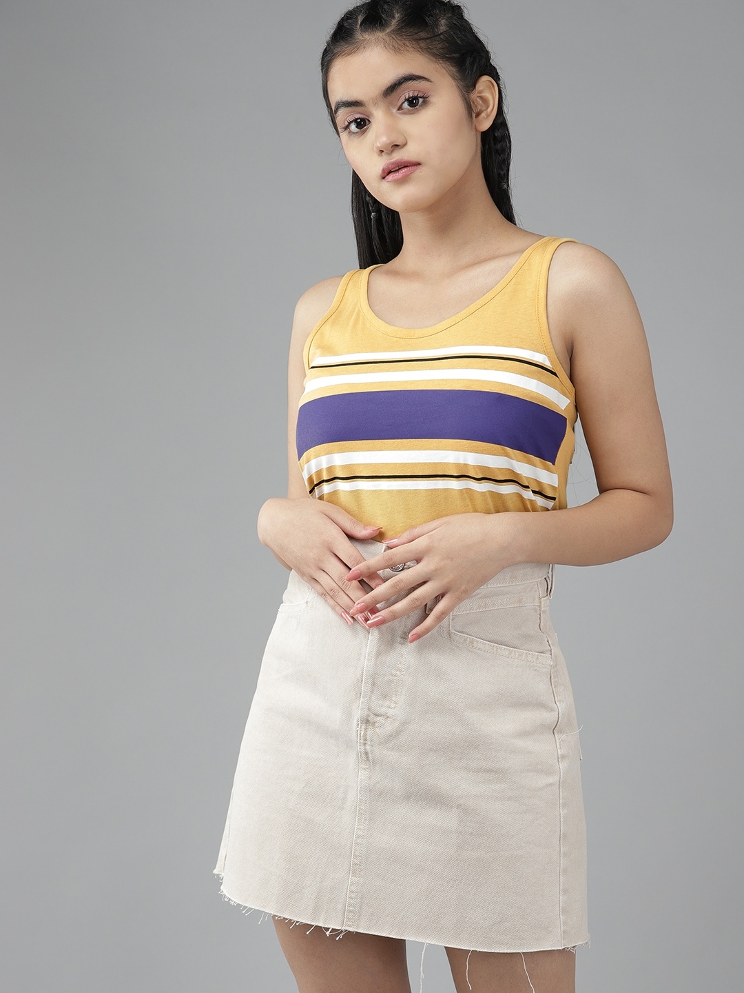

UTH by Roadster Girls Yellow & Purple Pure Cotton Striped Tank Top