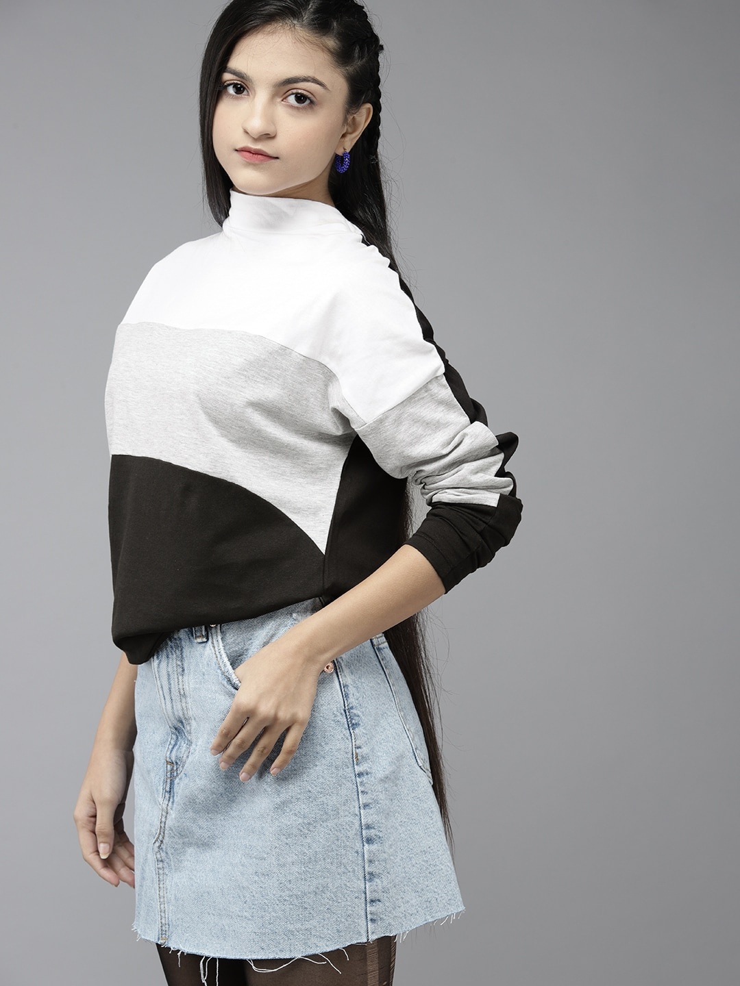 

UTH by Roadster Teen Girls Black & White Pure Cotton Striped High Neck T-shirt