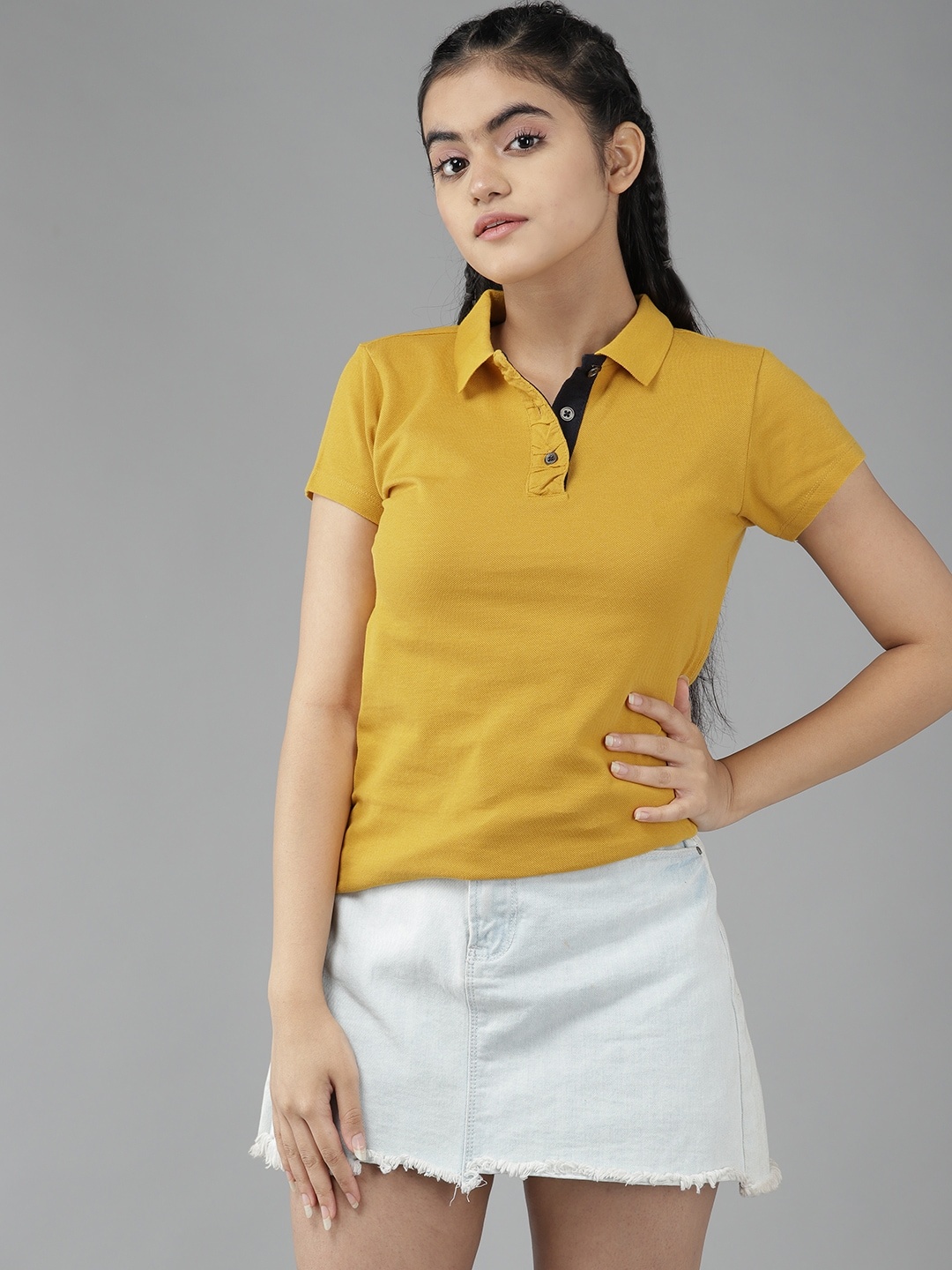 

UTH by Roadster Girls Mustard Yellow Polo Collar Pure Cotton T-shirt