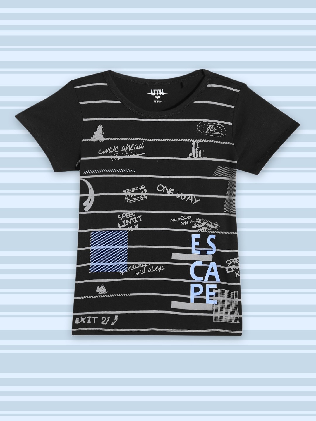 

UTH by Roadster Girls Black & Grey Striped & Printed Pure Cotton T-shirt
