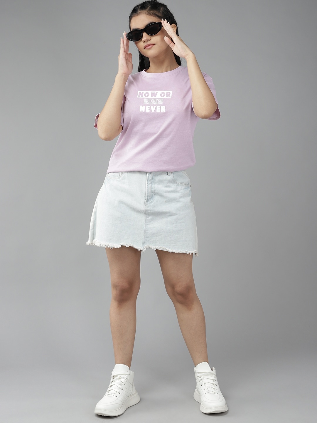 

UTH by Roadster Girls Lavender & White Typography Printed Pure Cotton T-shirt