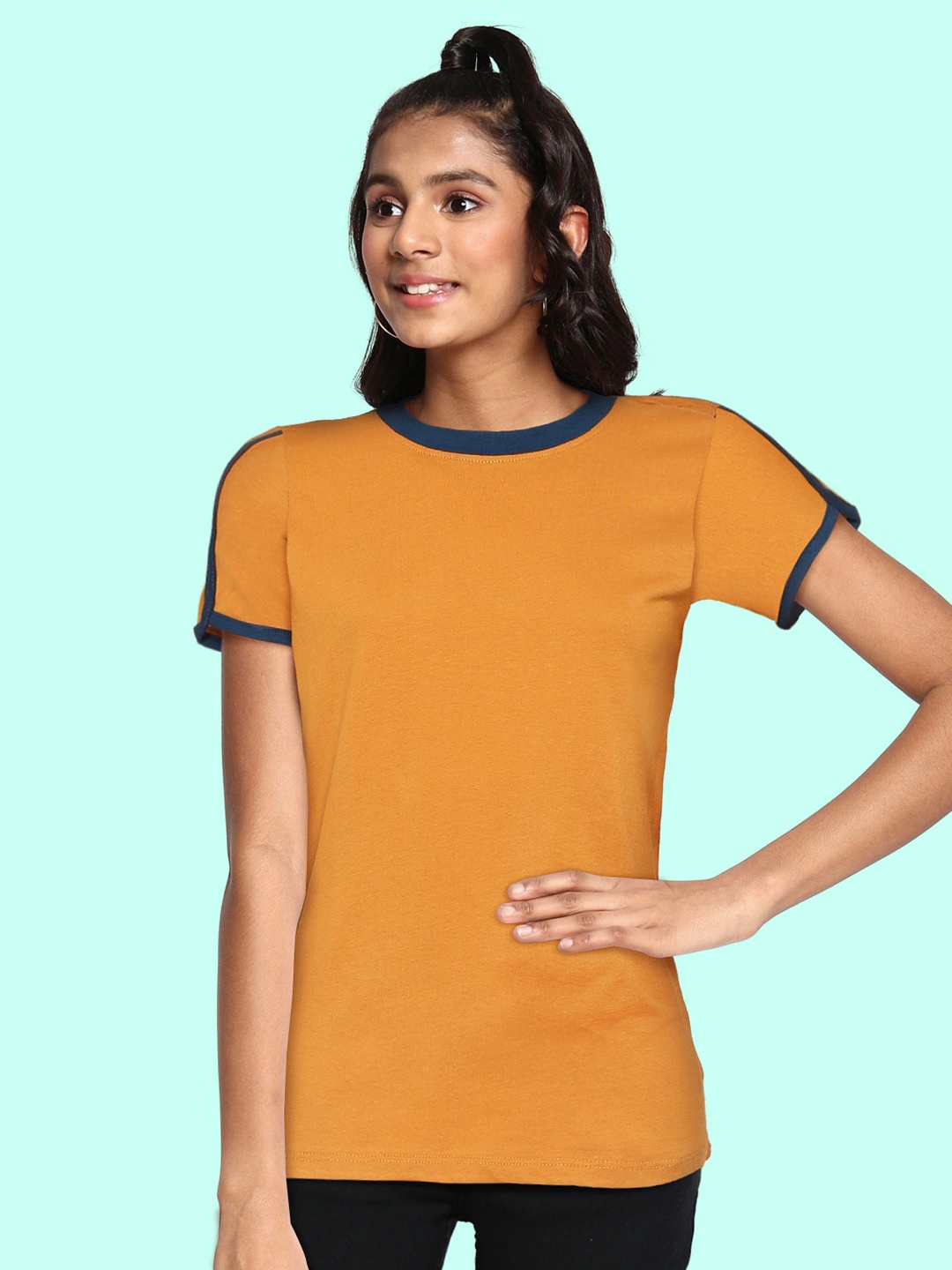 

UTH by Roadster Girls Mustard Yellow Cotton Solid T-shirt