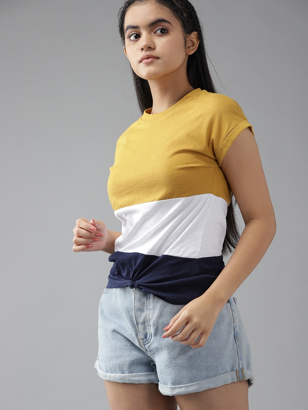 

UTH by Roadster Girls Colourblocked Extended Sleeves Pure Cotton T-shirt, Mustard