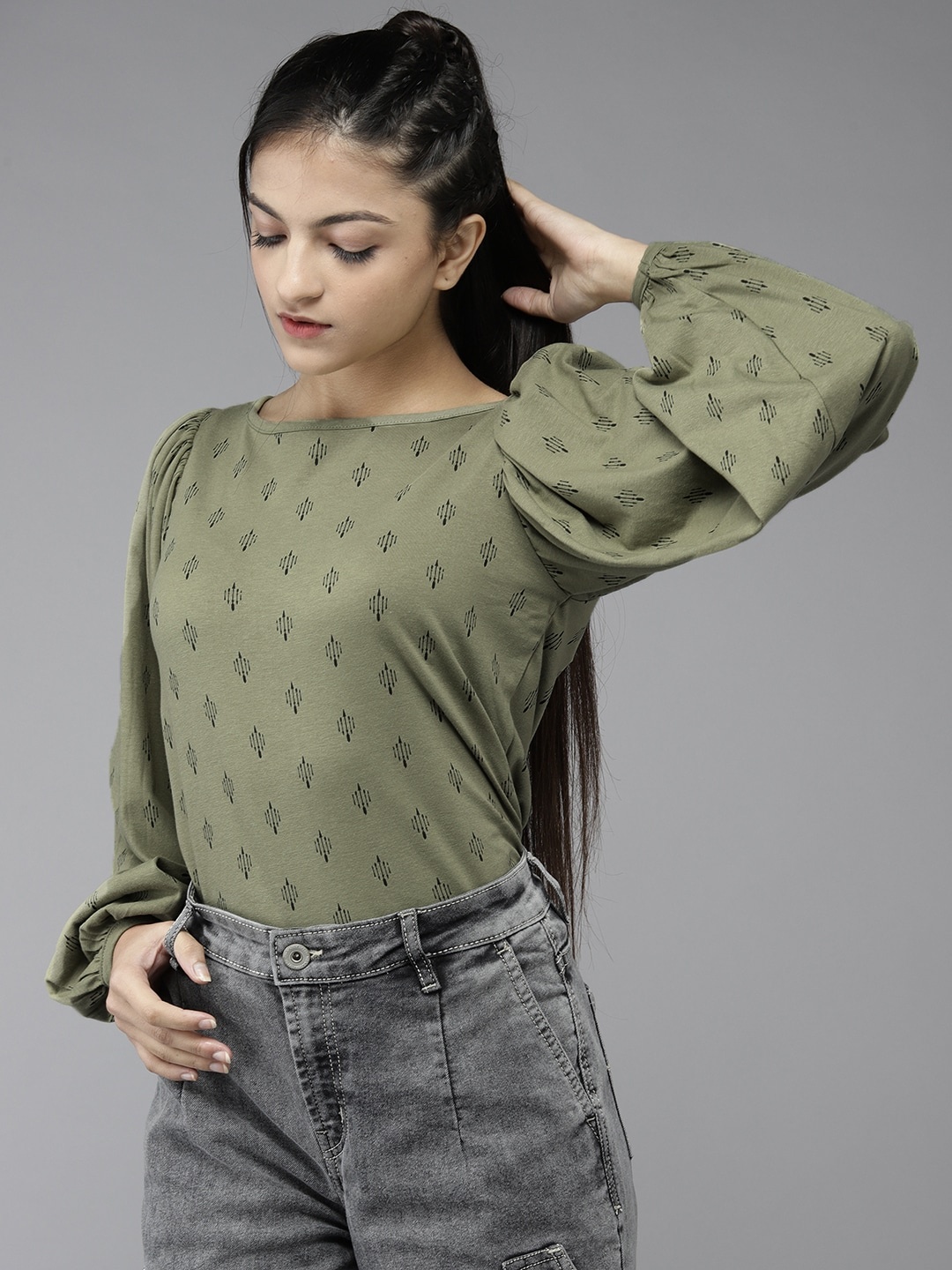 

UTH by Roadster Teen Girls Green Ditsy Geometric Print Top