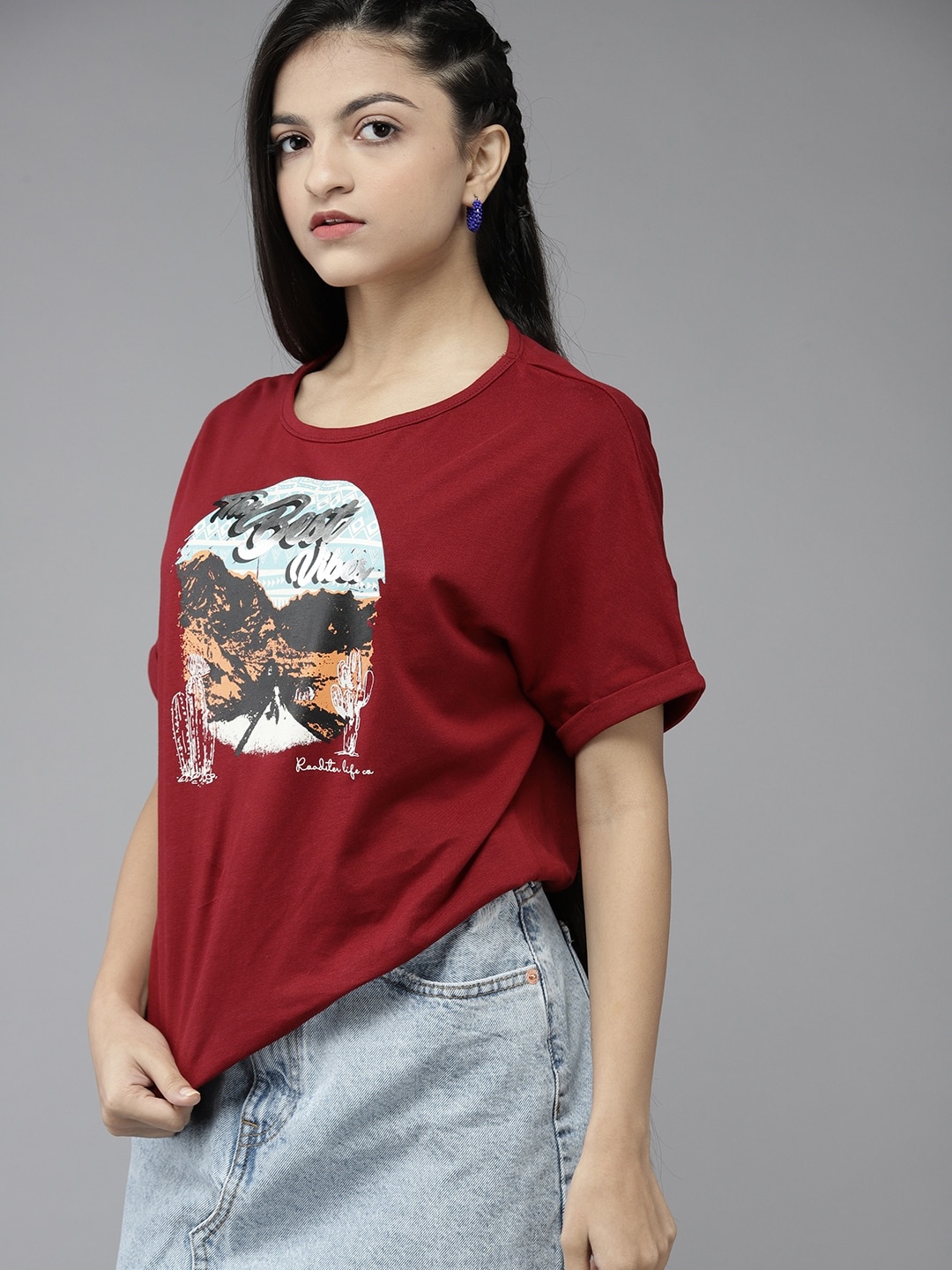 

UTH by Roadster Girls Maroon & Blue Printed Extended Sleeves Pure Cotton T-shirt