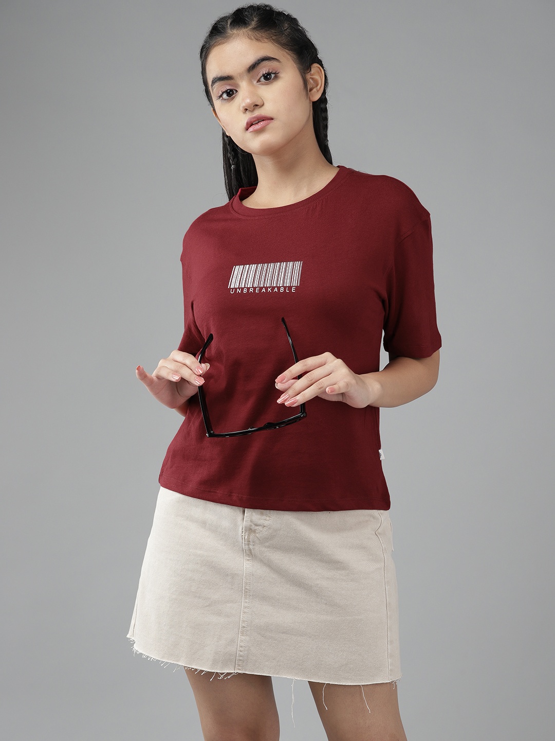

UTH by Roadster Girls Maroon & White Printed Pure Cotton T-shirt