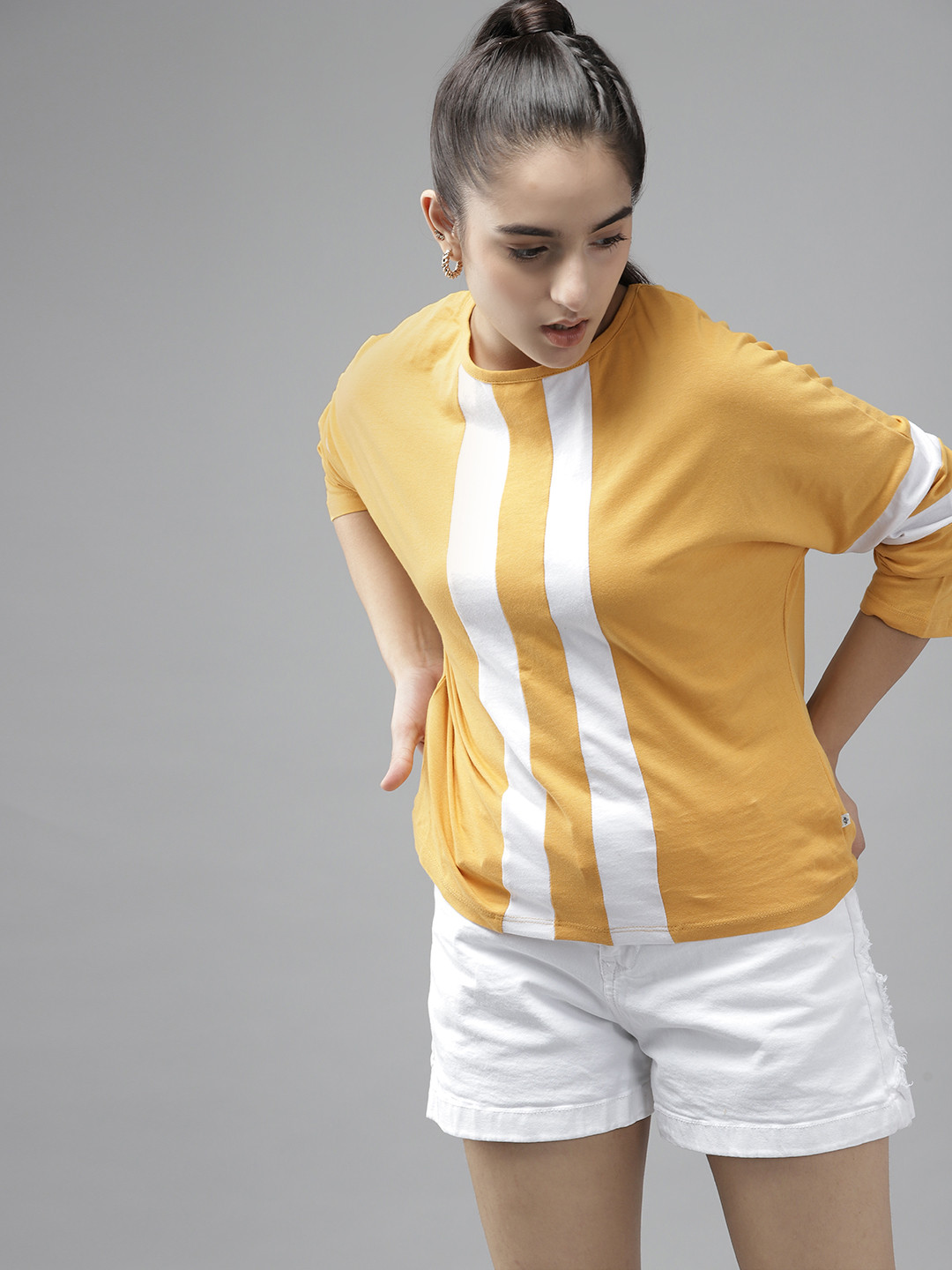 

UTH by Roadster Girls Mustard Yellow & White Striped Pure Cotton T-shirt