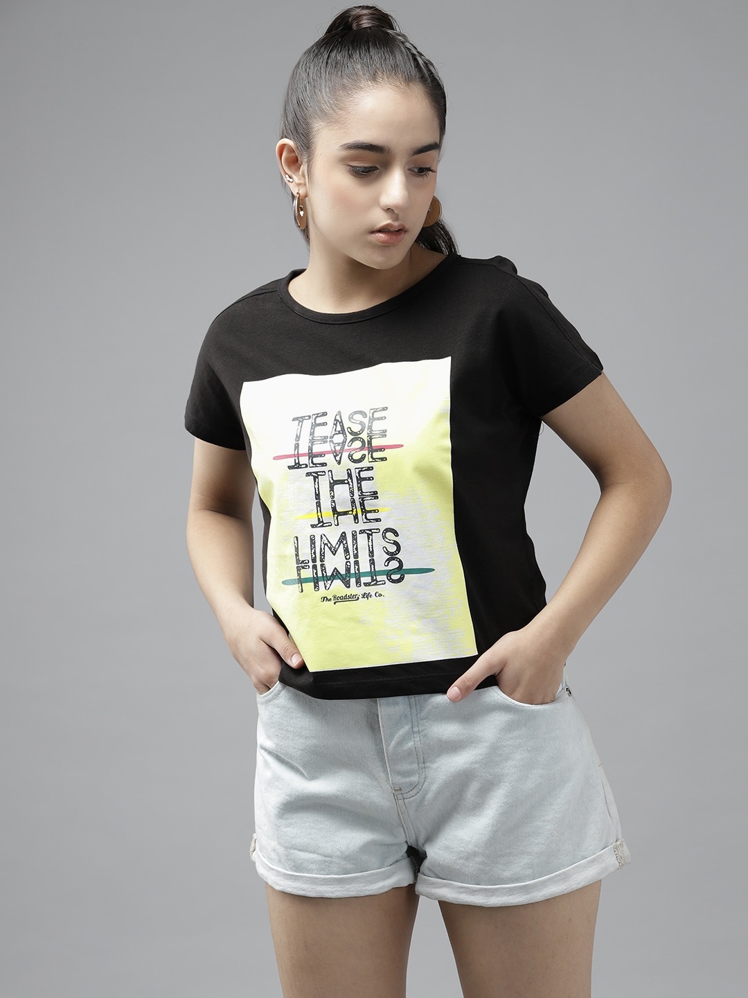 

UTH by Roadster Girls Black & Yellow Printed Extended Sleeves Pure Cotton T-shirt