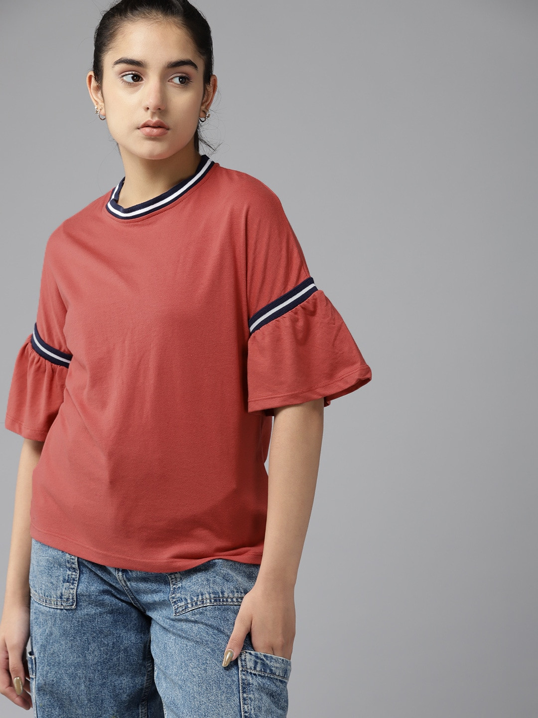 

UTH by Roadster Girls Rust Orange Solid Extended Sleeves Top