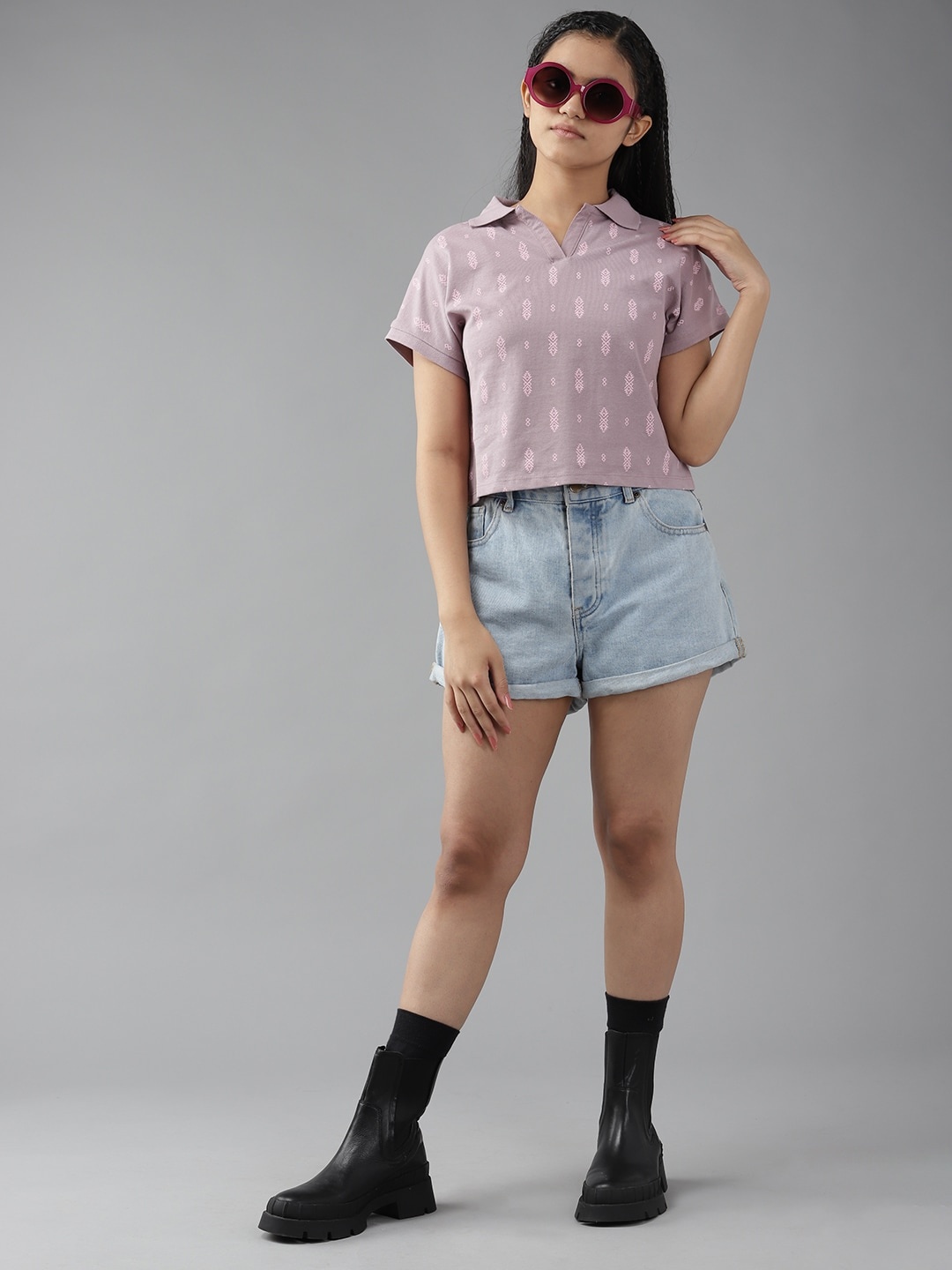 

UTH by Roadster Girls Mauve Ethnic Motifs Printed Polo Collar Cotton T-shirt