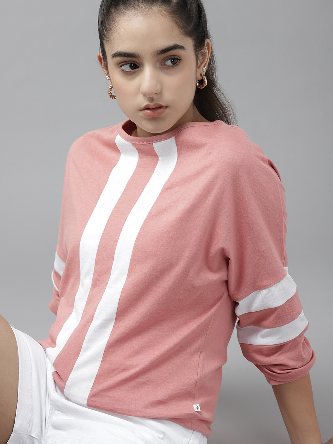 

UTH by Roadster Girls Pink & White Striped Pure Cotton T-shirt