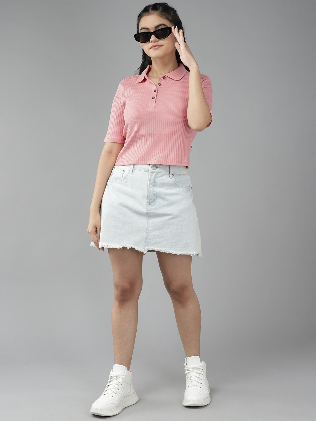 

UTH by Roadster Girls Peach-Coloured Self-Striped Polo Collar T-shirt