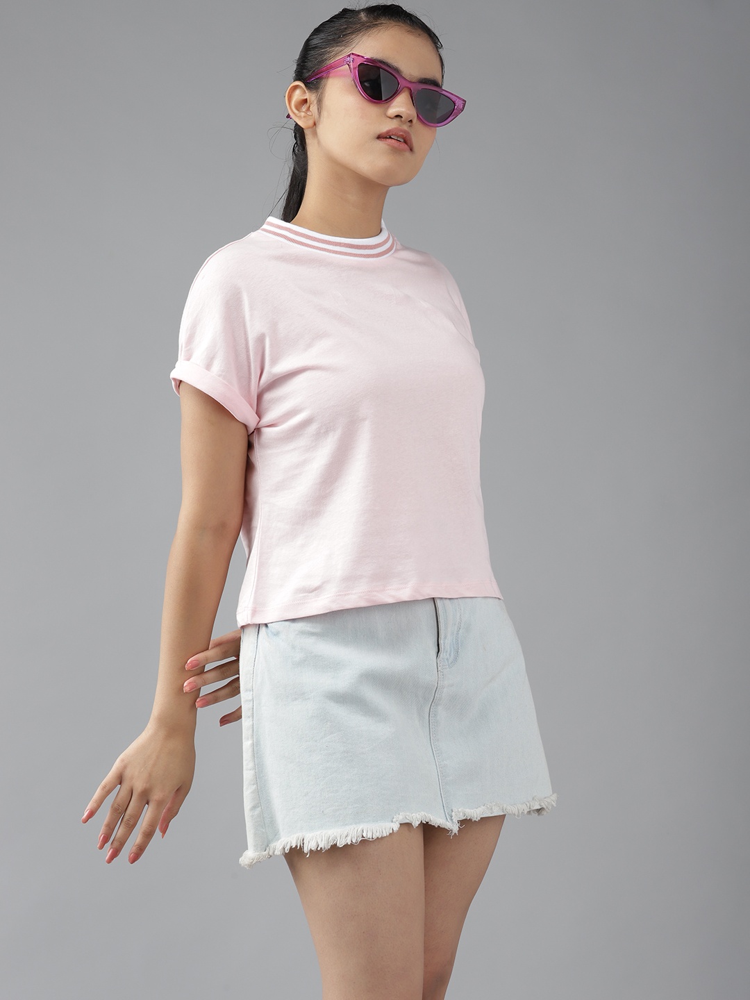 

UTH by Roadster Girls Peach-Coloured Solid Extended Sleeves Pure Cotton T-shirt