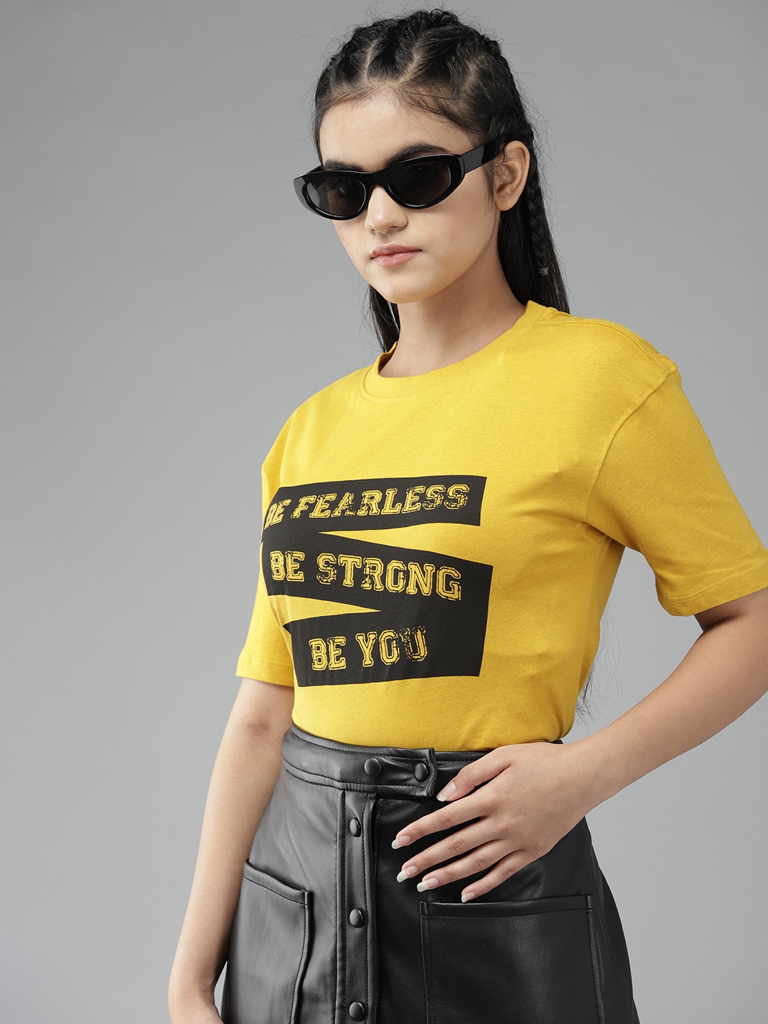 

UTH by Roadster Girls Mustard Yellow & Black Typography Printed Cotton T-shirt