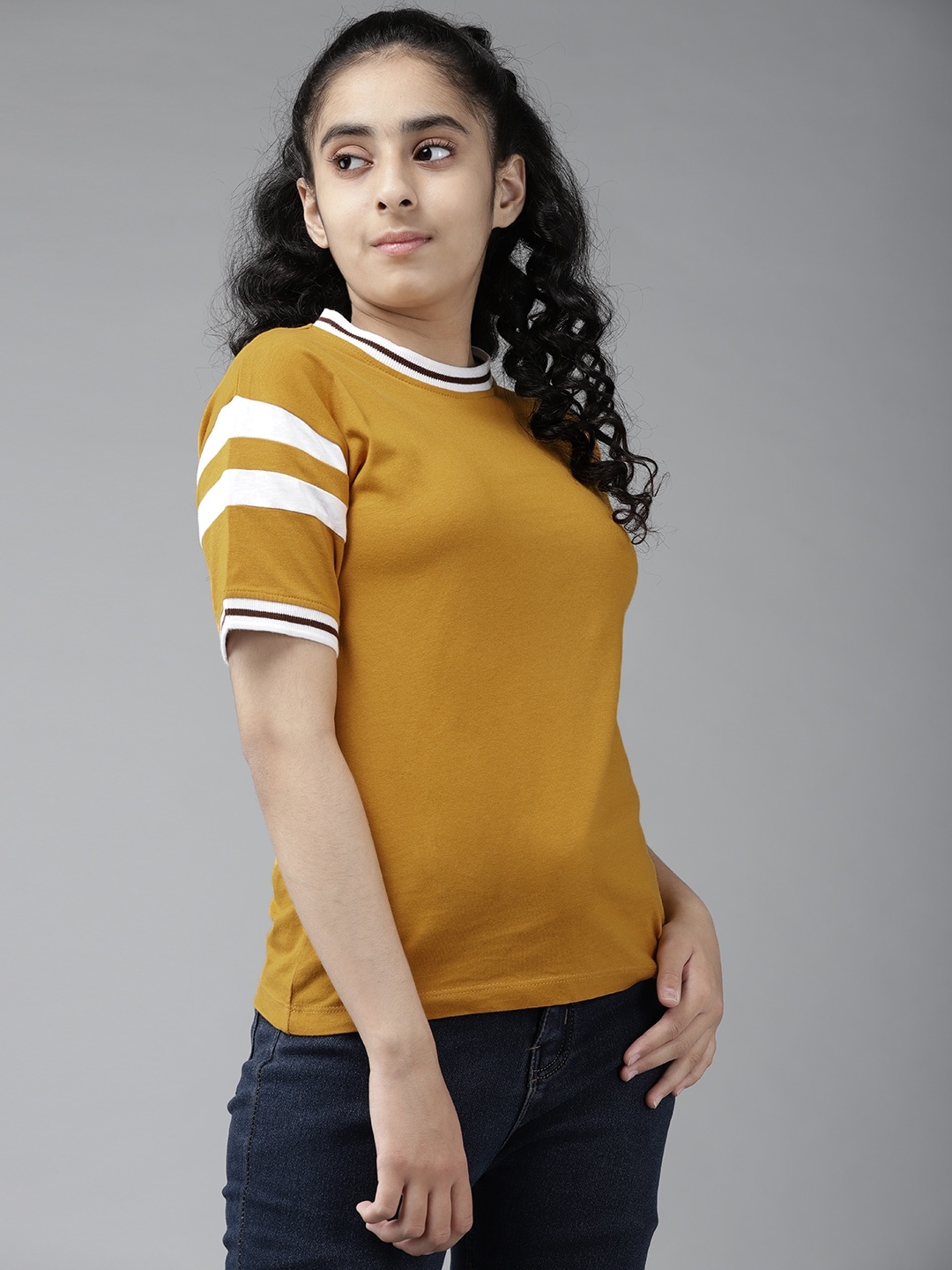 

UTH by Roadster Girls Mustard Yellow & White Cotton T-shirt