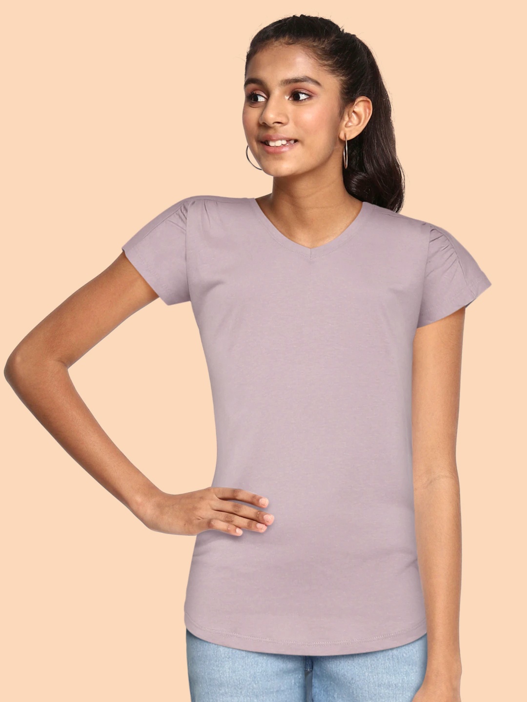 

UTH by Roadster Girls Lavender Cotton V-Neck Extended Sleeves T-shirt
