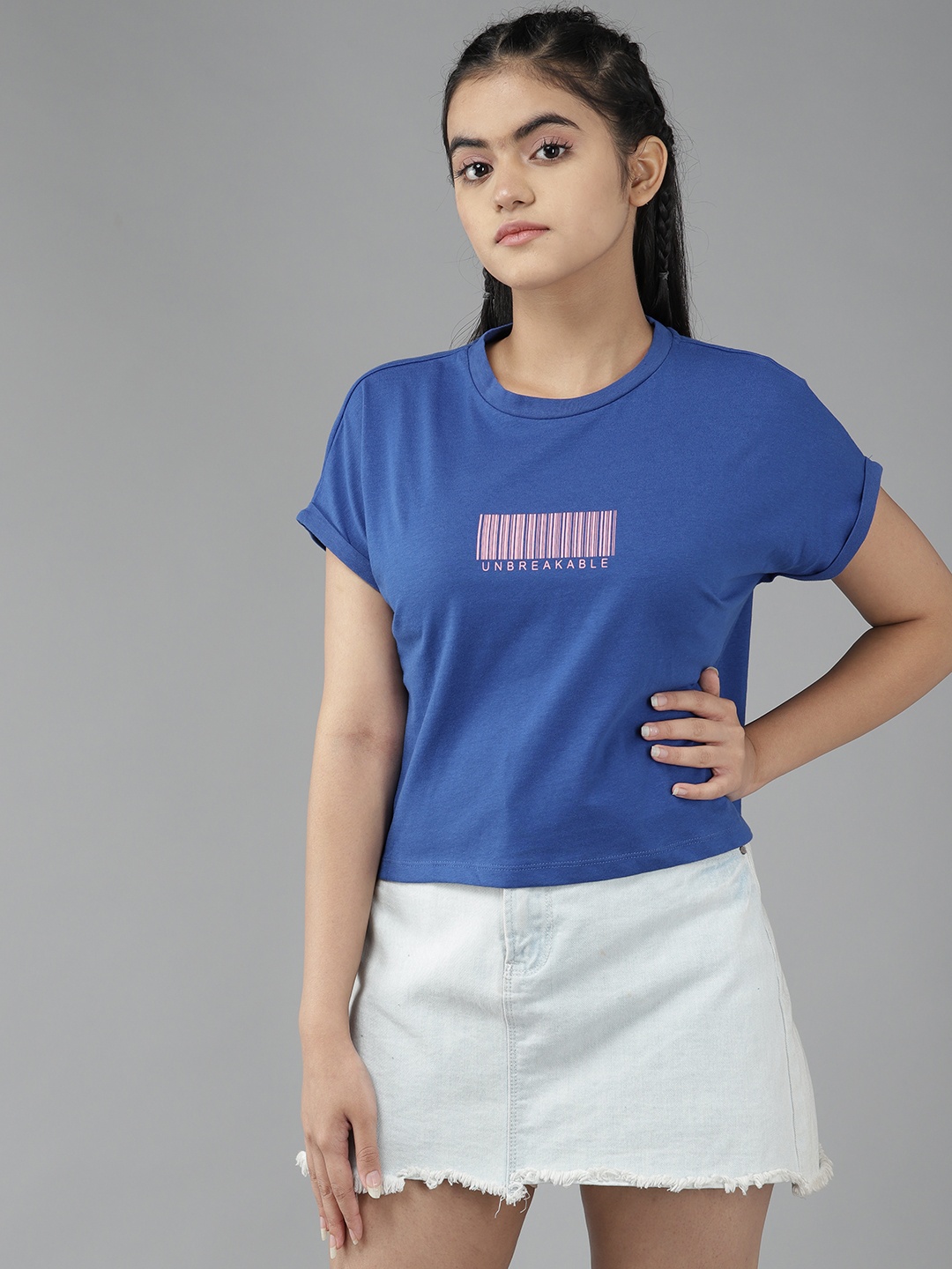 

UTH by Roadster Girls Blue & Pink Graphic Printed Extended Sleeves Cotton T-shirt