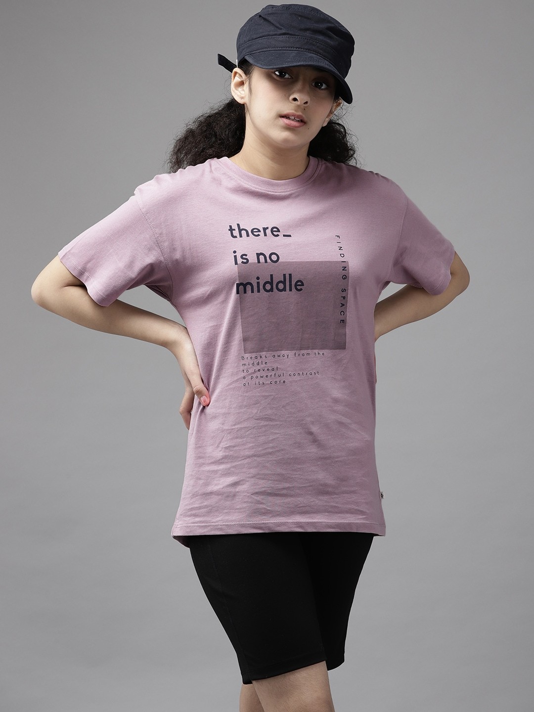 

UTH by Roadster Girls Mauve & Navy Blue Typography Printed Cotton T-shirt