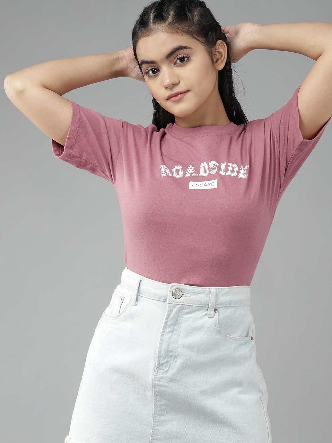 

UTH by Roadster Girls Mauve & White Typography Printed Pure Cotton T-shirt