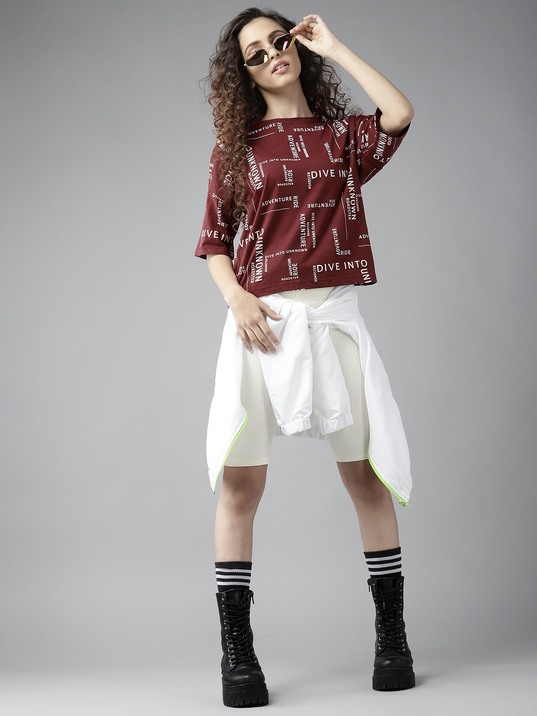 

UTH by Roadster Girls Burgundy & White Cotton Typography Print Crop T-shirt