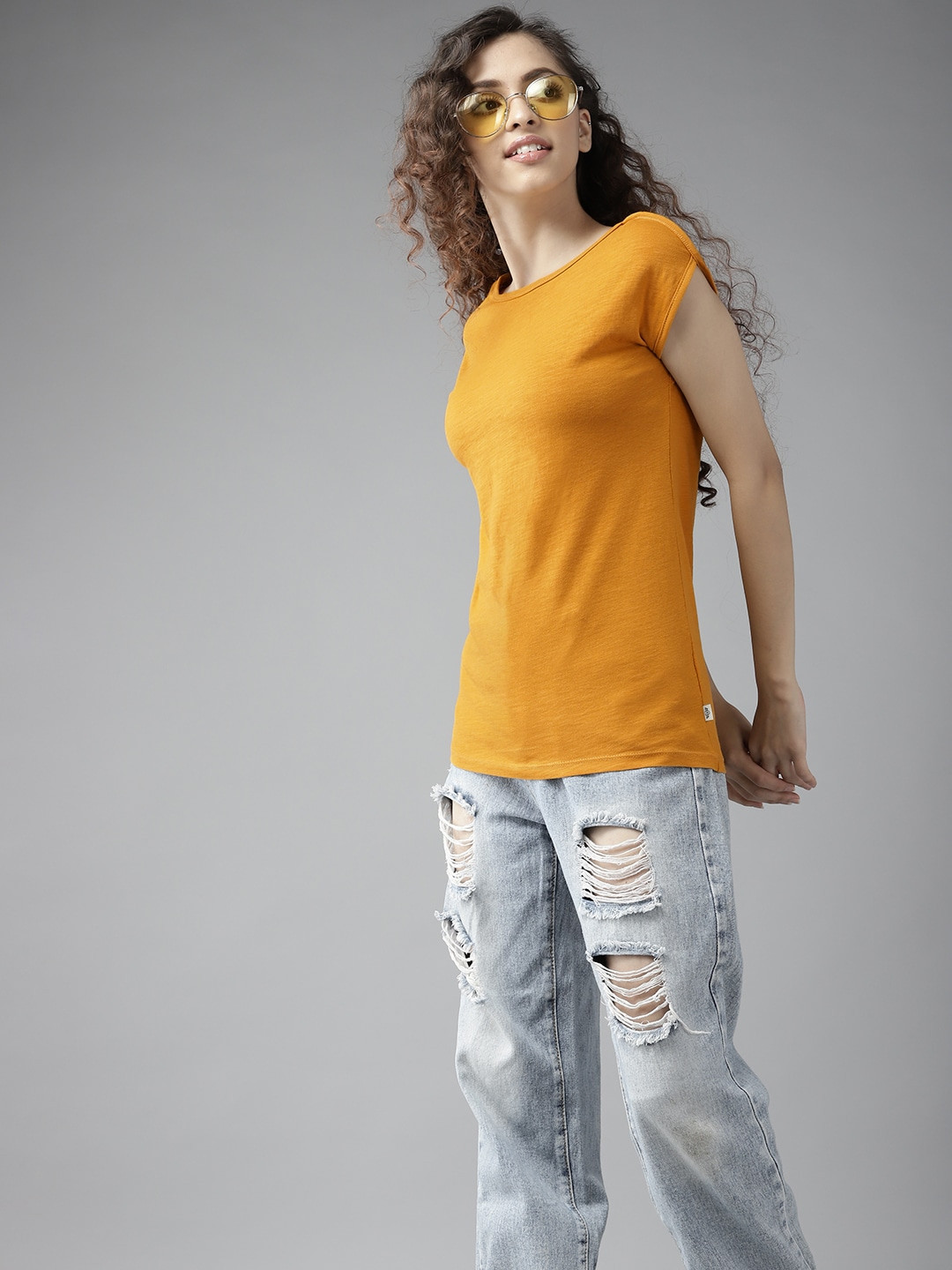 

UTH by Roadster Girls Mustard Yellow Cotton Solid Extended Sleeves T-shirt