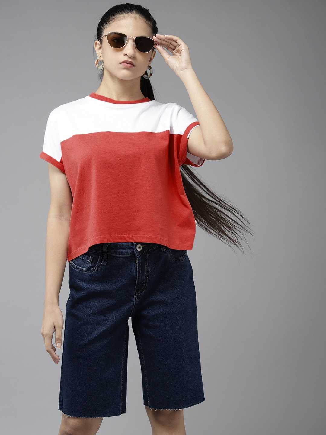 

UTH by Roadster Girls Rust & White Colourblocked Extended Sleeves Pure Cotton T-shirt