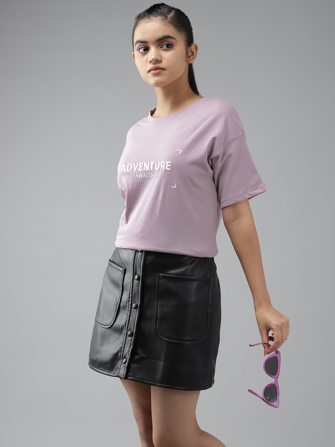 

UTH by Roadster Girls Lavender & White Typography Printed Cotton T-shirt