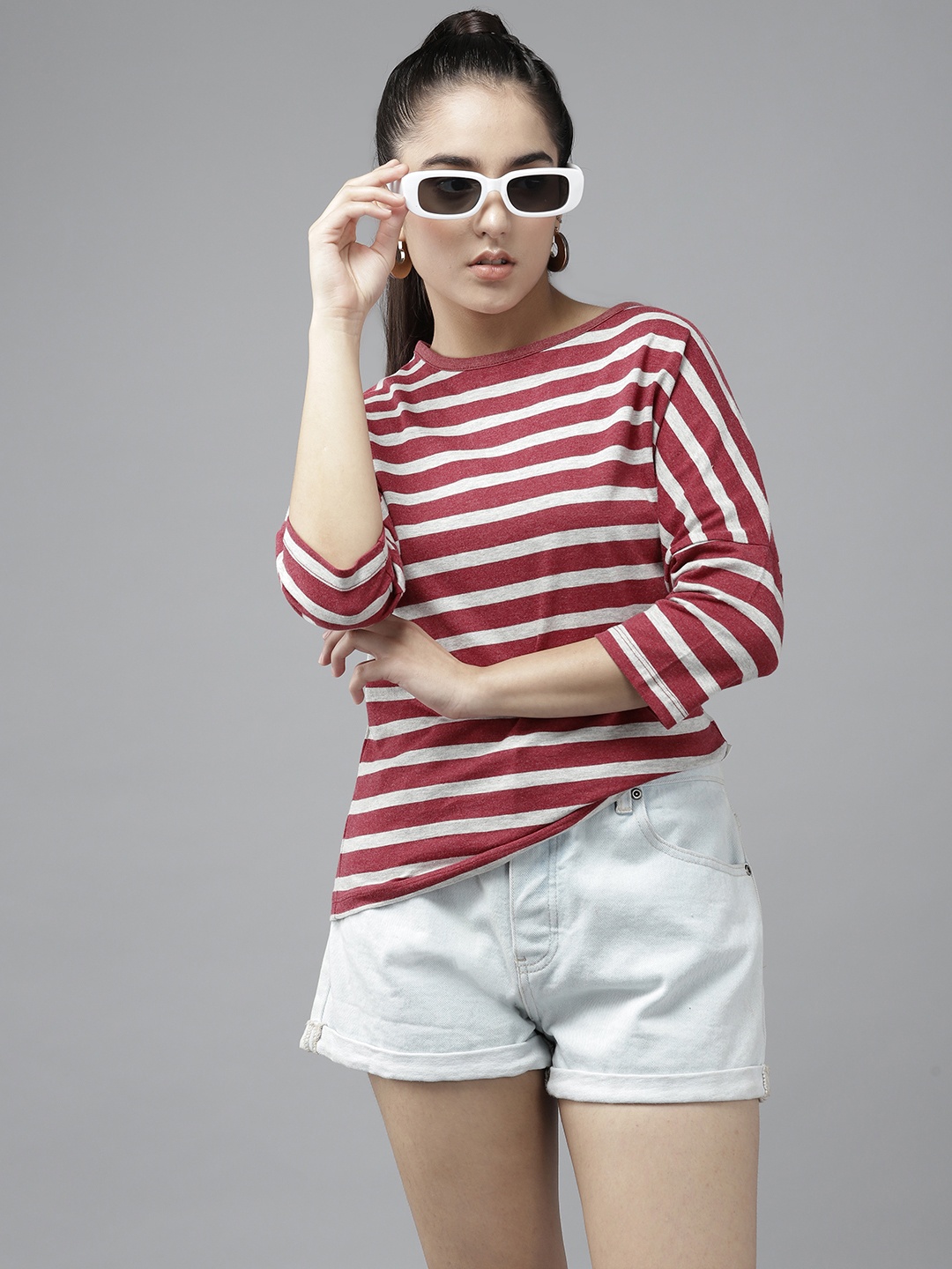 

UTH by Roadster Girls Maroon & Grey Melange Striped Extended Sleeves T-shirt