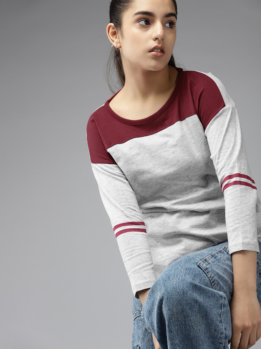 

UTH by Roadster Girls Grey & Maroon Colourblocked Long Sleeves T-shirt