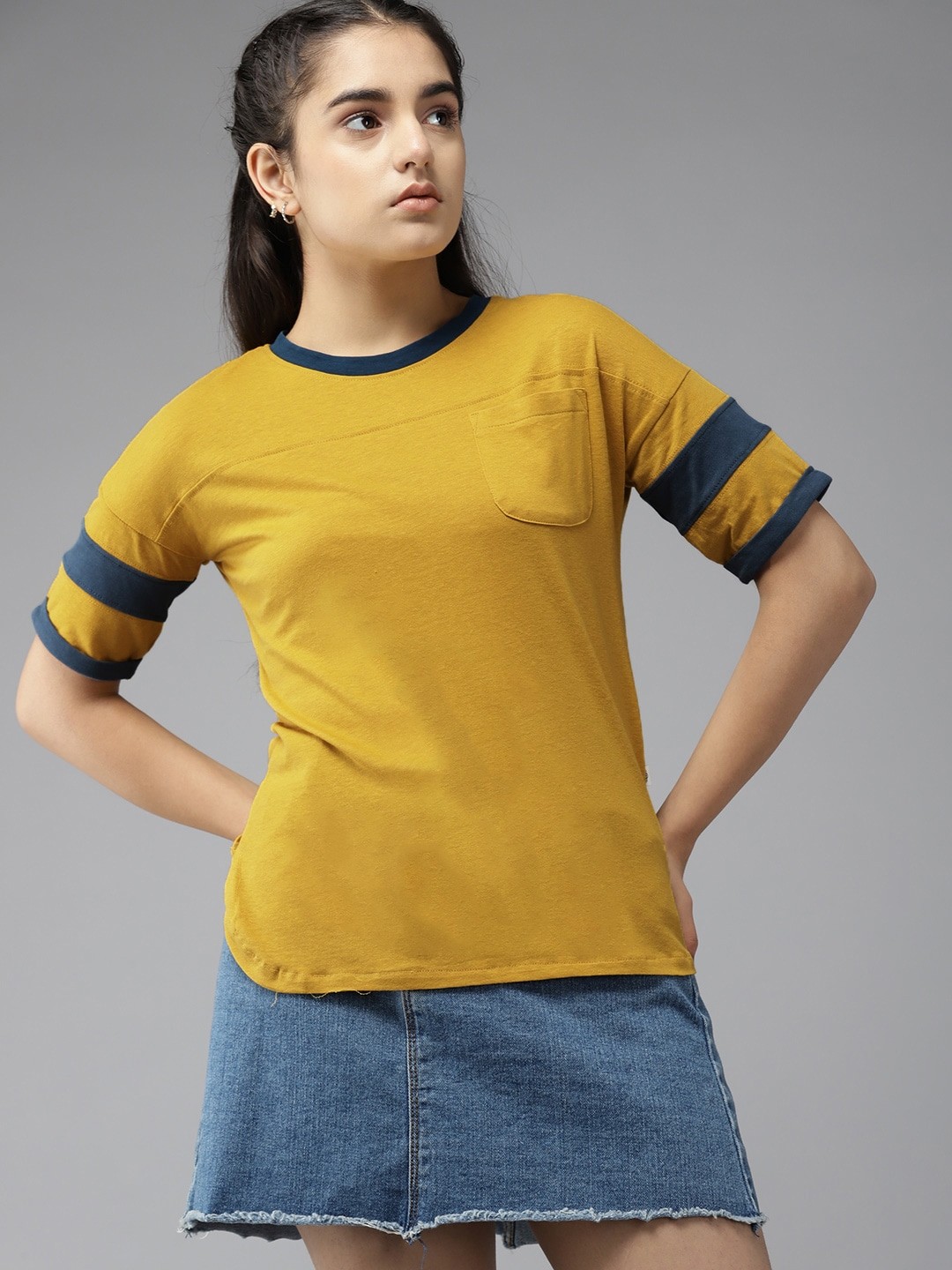 

UTH by Roadster Girls Mustard Yellow Solid Pure Cotton T-shirt