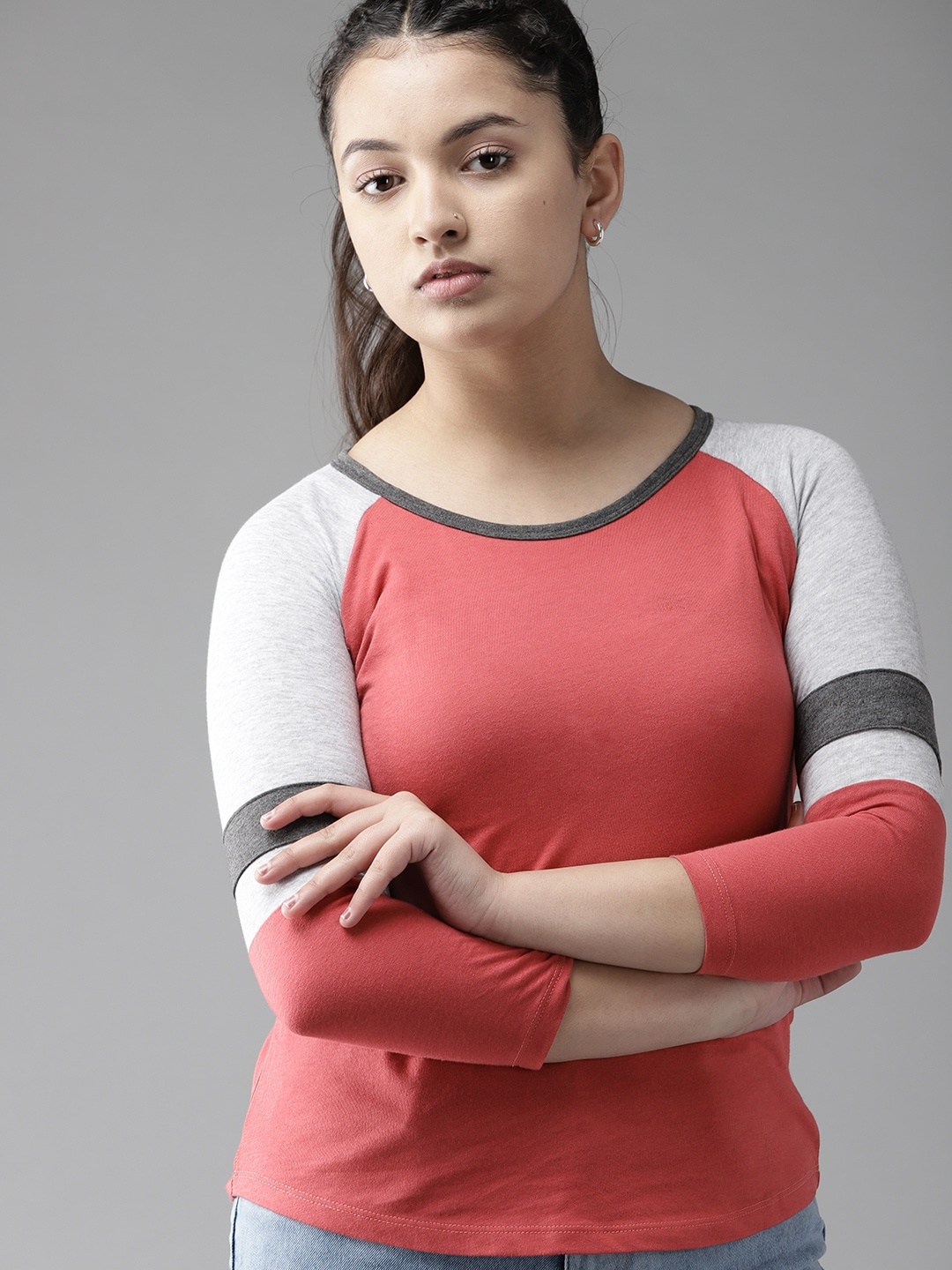 

UTH by Roadster Girls Coral Red & Grey Melange Solid T-shirt