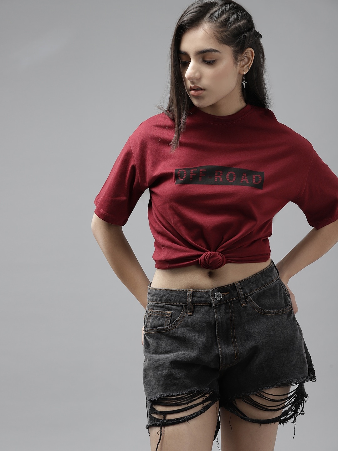 

UTH by Roadster Girls Maroon & Black Typography Printed Pure Cotton T-shirt